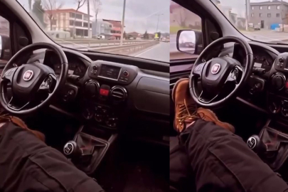 Yolcu koltuğuna geçip ayaklarıyla direksiyonu kontrol etti