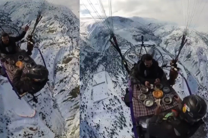 Çılgın paraşütçünün gökyüzünde kahvaltı keyfi binlerce beğeni aldı