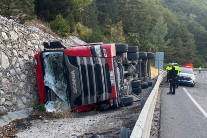 Kontrolden çıkan yem yüklü tır devrildi