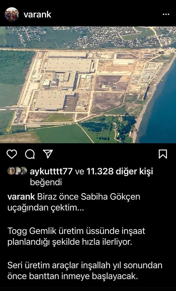 Bakan Varank uçaktan TOGG'un dev fabrikasını çekti