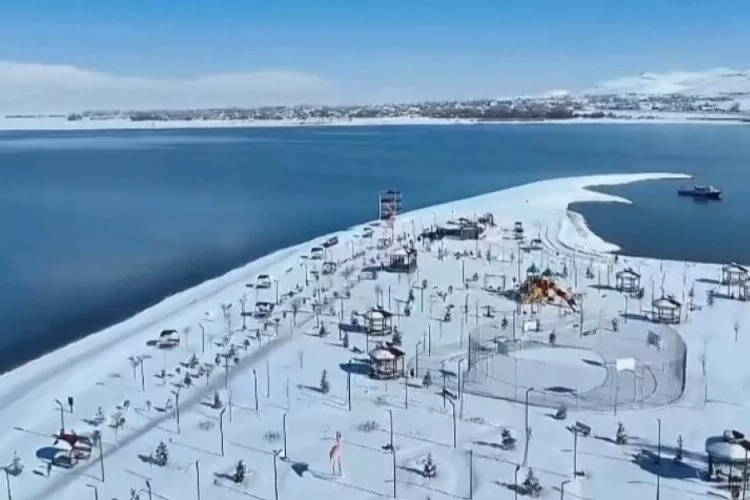 Beyaza bürünen Erçek Gölü sahilinden mest eden görüntüler